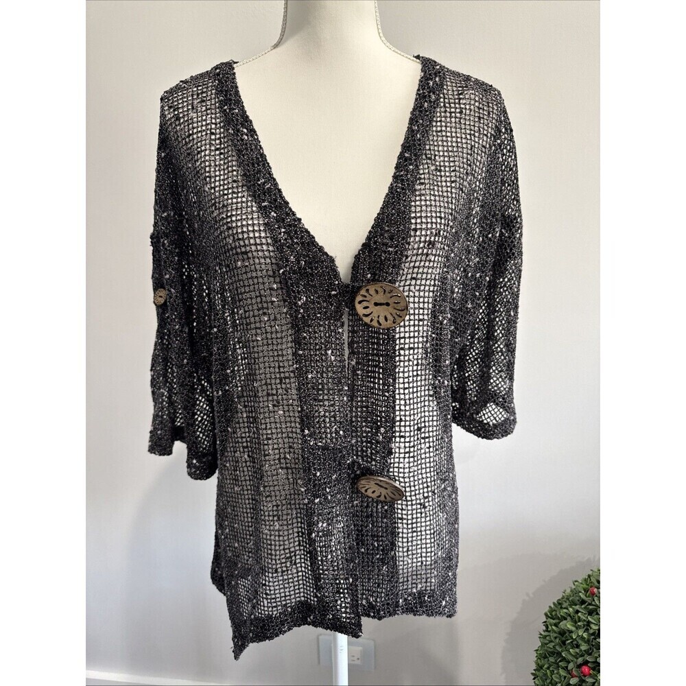 Lulu B Cardigan Mesh Black Slub Wood Button Front Sharkbite Lagenlook Sz L